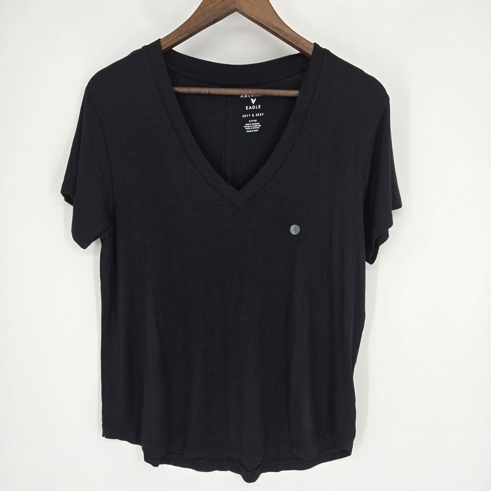 NWT American Eagle Black T Small Soft & Sexy V Neck Short Sleeve Essential